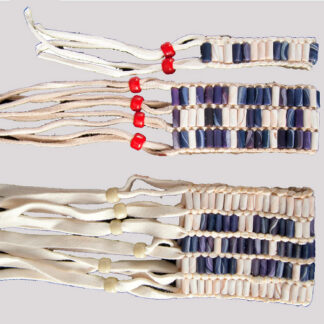 The Clay Wampum Bracelets features woven beaded strips with white and purple wampum beads, red or white crow beads, and several white leather fringe strands on one end.