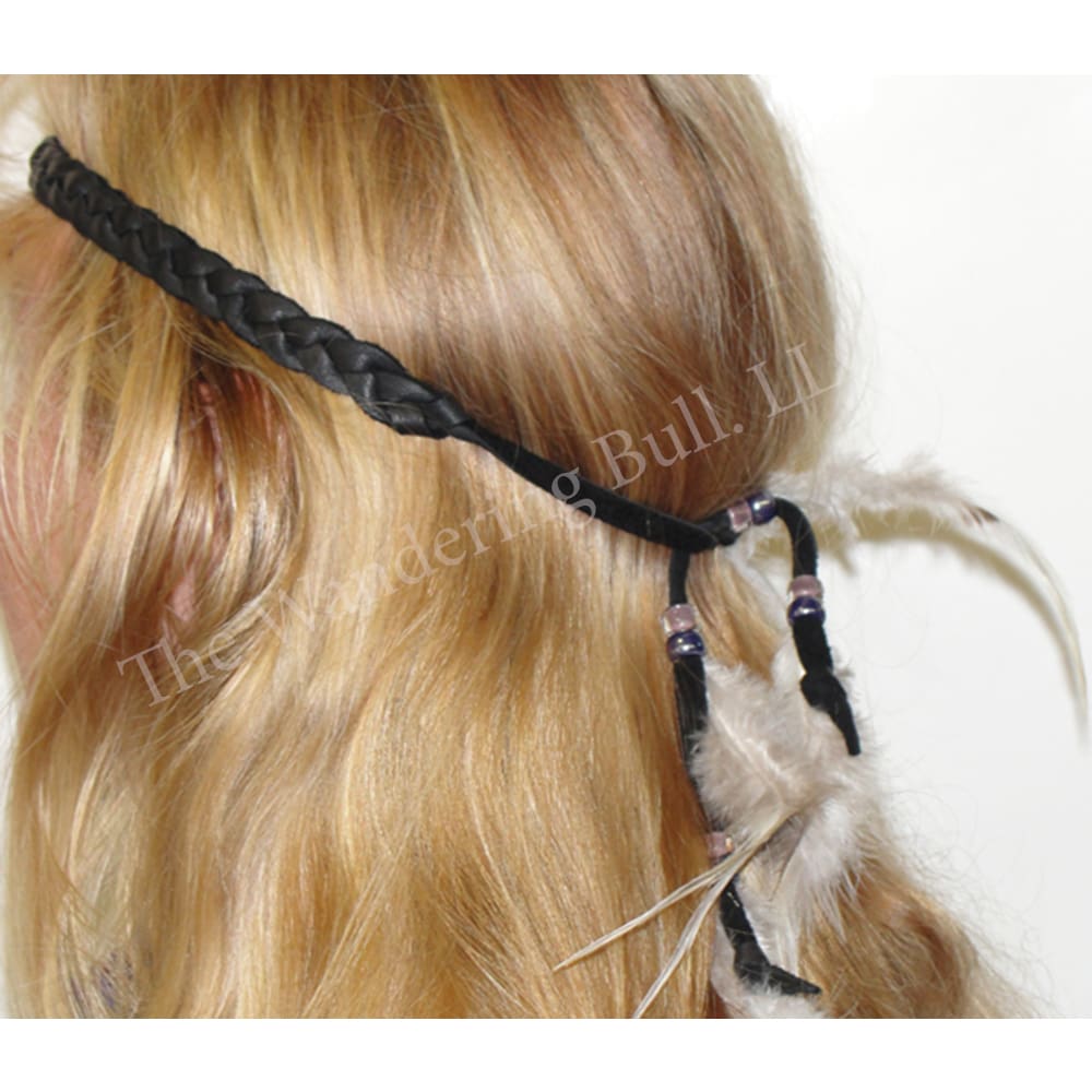Headband Braided Leather - with Beads & Feathers