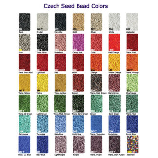 Chart of 40 Glass Seed Beads 10/0 to 13/0 hanks and Half Kilos, each labeled by number and color name, arranged in a grid titled Czech Seed Bead Colors. The large variety of online bead colors include black, white, grey, reds, yellows, greens, blues, and purples.