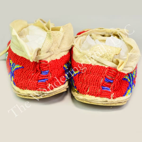 Moccasins Beaded Red Rawhide Soles