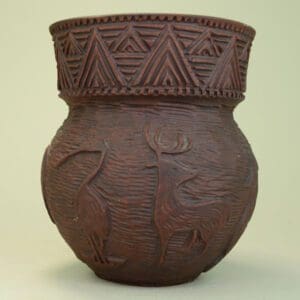 Brown pottery with animals, signed six nations S.A. Hill.