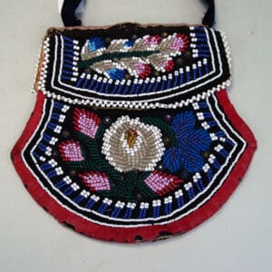 Antique Beaded Bag with black Velvet strap, minimal fraying on the edges, flower pattern with seed beads and pony beads