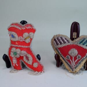 The Antique Beaded Pincushion Whimsy, heart shape and a ladies boot. from early 1900's