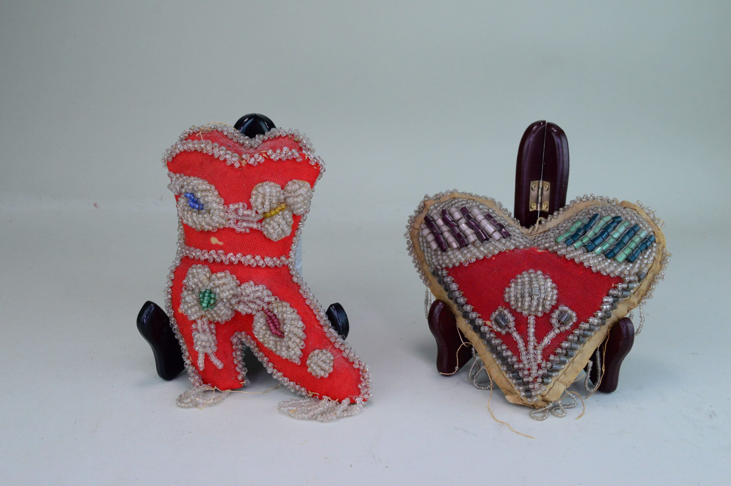 The Antique Beaded Pincushion Whimsy, heart shape and a ladies boot. from early 1900's