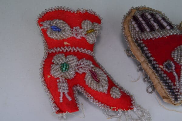 The Antique Beaded Pincushion Whimsy, heart shape and a ladies boot. from early 1900's