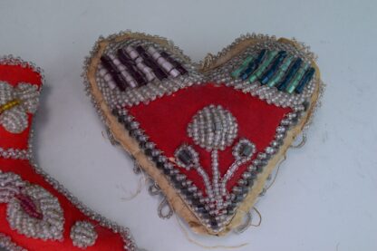 The Antique Beaded Pincushion Whimsy, heart shape and a ladies boot. from early 1900's