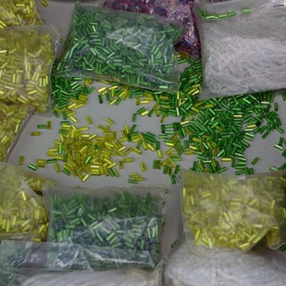 Assorted Bugle Bead Lot, Green's white's, yellows. Different sizes