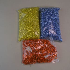 These Blue, Yellow and Orange Bugle Beads come in a 33 ounce package. They are 4mm long and 2mm wide.