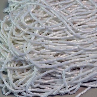 These Opaque White Bugle Beads come in a 14.5 ounce package. They are 4mm long and 2mm wide.