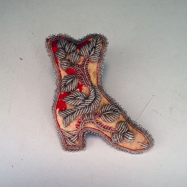 Pincushion Whimsy Beaded Boot, from the 1900's , minimal deterioration on the front fabric, but all beads are in tact