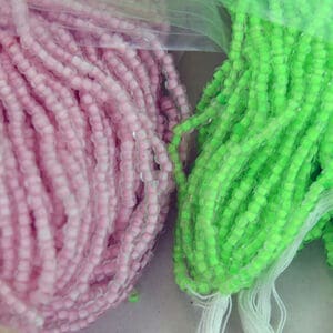 Japanese Color Lined 10/0, they are color Lined beads, clear with pink lining, 12oz and Green Lining 9 oz.