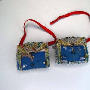 Whimsy Vintage Pincushion Purses, each measures 3" long and 2.25" tall and 1" wide. You will notice stains, missing beads and has wear. One of a Kind!