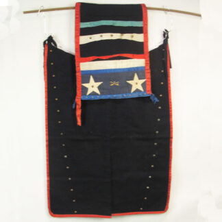 Leggins & Apron Set - Navy Blue Wool leggins with Red Ribbon trim and decorated front and back wool aprons. Front apron and leggins