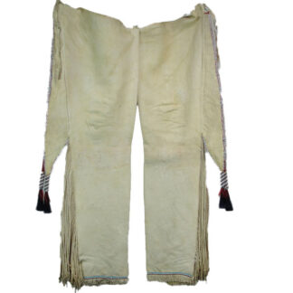 Leggins Southern Plains Tab - White braintanned Deerskin Leggins with graduated Twisted Fringe and Beaded Tassels.