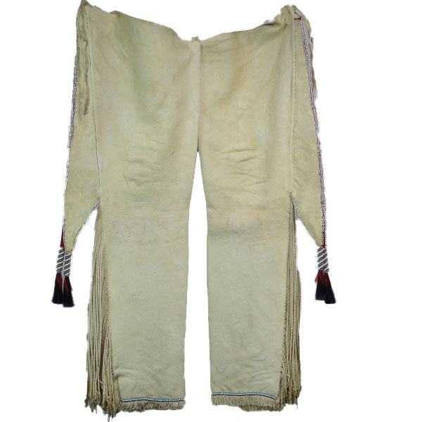 Leggins Southern Plains Tab - White braintanned Deerskin Leggins with graduated Twisted Fringe and Beaded Tassels.