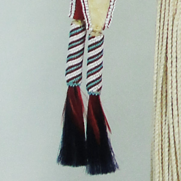 Leggins Southern Plains Tab - White braintanned Deerskin Leggins with graduated Twisted Fringe and Beaded Tassels. Tassel detail