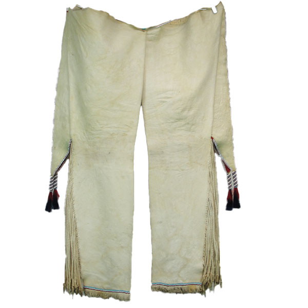 Leggins Southern Plains Tab - White braintanned Deerskin Leggins with graduated Twisted Fringe and Beaded Tassels. back