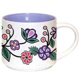 Mug Ojibwe Florals- Large 16 ounce mug features a multi color floral design by Lac Seul First Nation Ojibwe artist Storm Angeconeb.