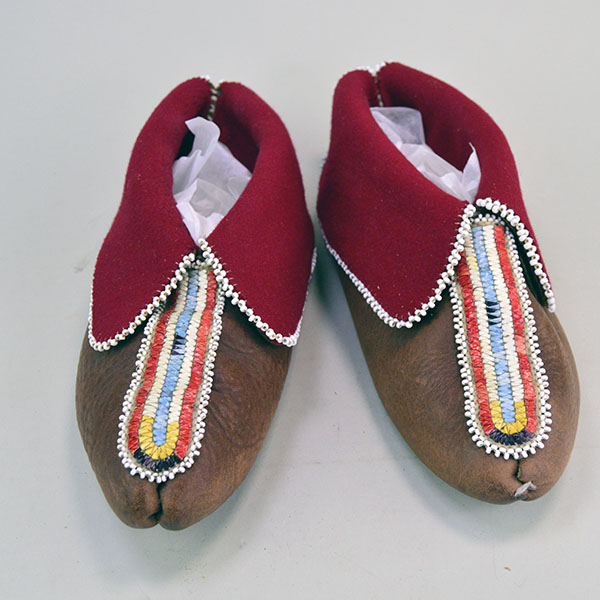 Moccasins- Quilled Vamps made with Moosehide showcase beautiful multi colored quillwork, edge beading and wool cuffs