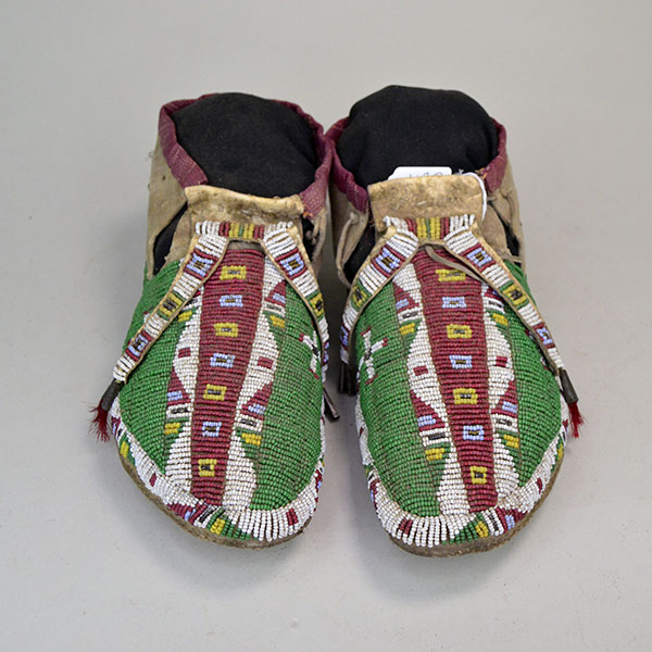 Antique Northern Plains Beaded Moccasins with split tongue in red and green - top view