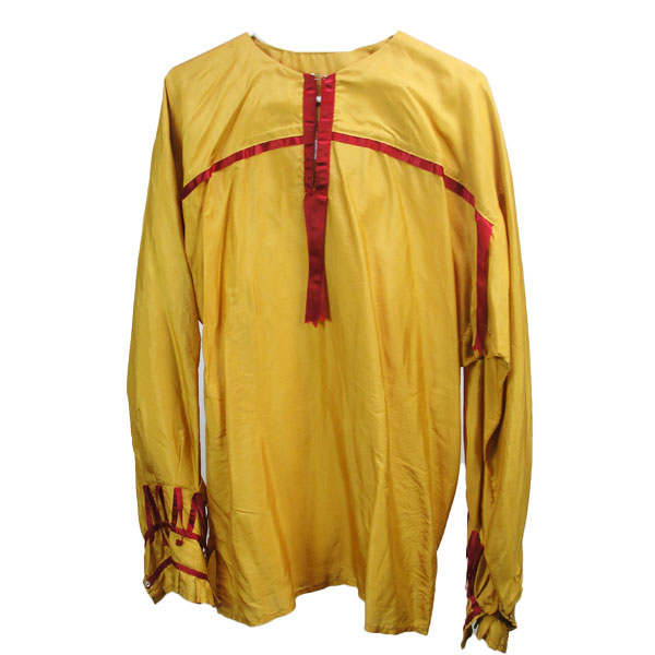 The photo showcases the front view of this elegant ribbon shirt, highlighting its gold silk body, burgundy ribbon accents, and with fastened cuffs.