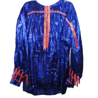 This striking ribbon shirt features shimmering purple/blue lame fabric, accented with red and gold ribbons. One of a Kind!