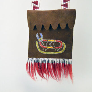 This walnut-dyed braintan hunting bag showcases rich quillwork depicting the Underwater Panther. 8 inches long by 8.5 inches wide. One of a Kind.