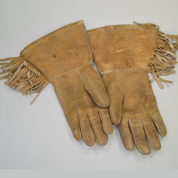 Beaded leather gauntlets with a floral and deer motif back view.