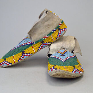 Fully beaded yellow & green Northern Plains Style Moccasins front & side view