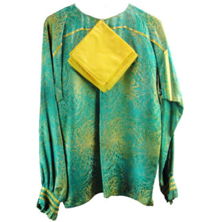 This striking Ribbon Shirt - Gold Sparkles features shimmering aqua lamé fabric, accented with yellow silk ribbons. One of a Kind.