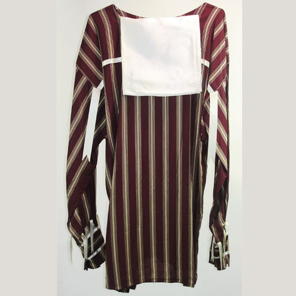 This Maroon Silk Ribbon Shirt showcases cream ribbon trim across the front, sleeves, and back. Ivory pinstripes in varying widths. One of a Kind.