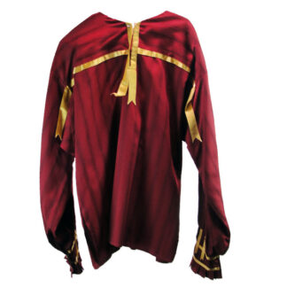 This Ribbon Shirt- Maroon with black stripes polyester blend features gold silk ribbon trim on the front, the sleeves and back. One of a Kind