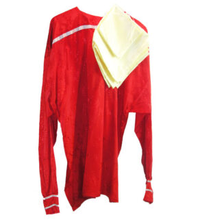 Ribbon shirt - red floral fabric, white ribbons and yellow scarf front view.