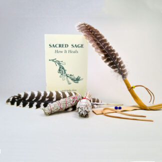 Smudge Feather Bundle with feather, deerskin leather, smudge sticks and the book Sacred Sage How It Heals
