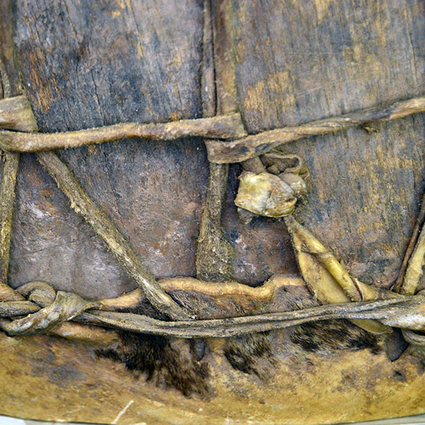 Old Log Drum, 16" x 7.5". Crafted from a single old log, this pre‑1900 drum is a rare survivor and remains in impressive condition for its age. pictured here is the different widths of the lacing.