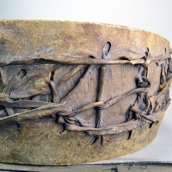 Old Log Drum, 16" x 7.5". Crafted from a single old log, this pre‑1900 drum is a rare survivor and remains in impressive condition for its age. pictured here is the other side of the drum.