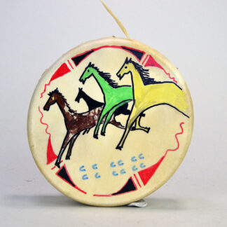 Bring powerful sound and vibrant artistry to your next Powwow, ceremony, or drum circle with this Hand Drum- Painted Horses with beater. 8 inches.