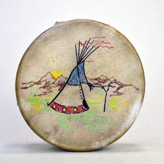 Bring powerful sound and vibrant artistry to your next Powwow, ceremony, or drum circle with this Hand Drum- Tipi Painted. 8 inches.