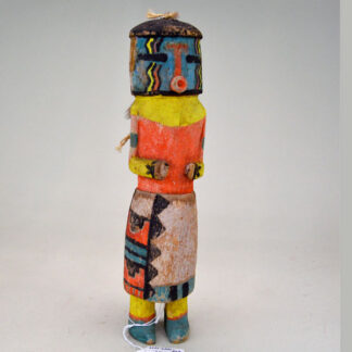 Fancy Heheya‑Style Katsina stands 9.5 inches tall, hand‑carved from cottonwood and hand‑painted with tempera colors. One of a kind.