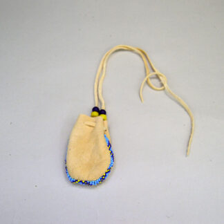 charming smoke‑colored deerskin Neck Bag- Beaded Edge. 13/0 cut Seed Beads in navy blue, yellow, and light blue. One of a Kind.