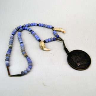 Necklace John Adams Beaded with Vaseline beads, two bear teeth and bronze peace medallion.