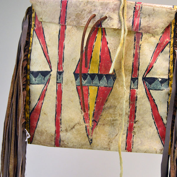 Add this brightly painted Parfleche Bag with Fringe to your collection! The crafter created this small Parfleche from rawhide. One of a Kind. Pictured here is the hand painted design on the front.