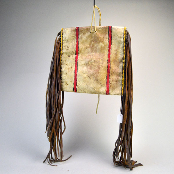 Add this brightly painted Parfleche Bag with Fringe to your collection! The crafter created this small Parfleche from rawhide. One of a Kind. Pictured here is the back.