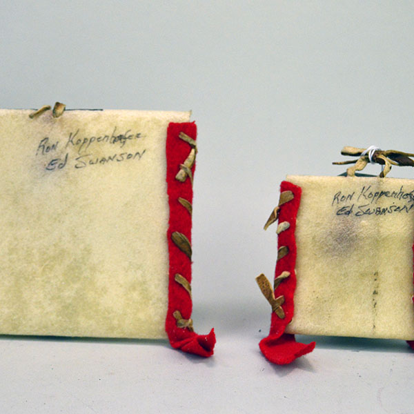 Add these brightly painted Parfleche Container 3 Set to your collection! The crafter created these small Parfleche from rawhide. One of a Kind. Pictured here is the back signatures.