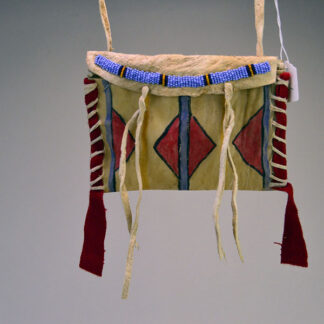 Add this brightly painted Parfleche Container- With Beadwork to your collection! The crafter created this small Parfleche from rawhide. One of a Kind.