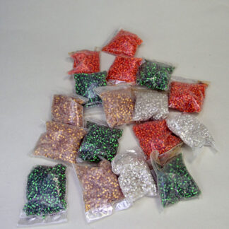 This assorted group of Pony Beads-5/0 and 8/0 weighs approximately 15oz an contains an estimated 10,000 beads. Silver‑lined Orange, Green, Amber, and Clear.