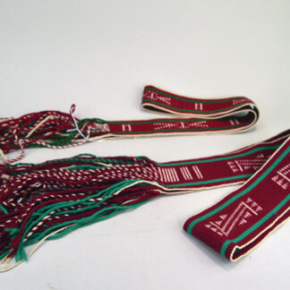 Add vibrant style to your dance regalia with this handwoven Sash- Hopi Style Set of two. 49 inches long by 3 inches wide, 47.5 inches long by 2 inches wide.