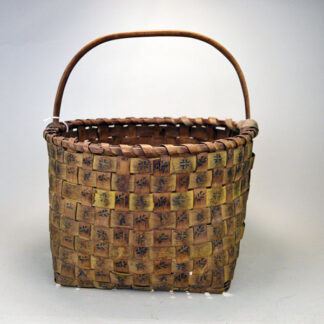 New England Basket- Potato Stamped showcases the bold, hand‑applied designs. 9 inches tall with an estimated 12‑inch diameter. from the early 1900's.