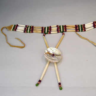 4 row Choker- Translucent Green crow beads, unique combination of Antiqued Bone Hairpipe and Bone Hairpipe, measures 16.55 inches long with 10‑inch ties.