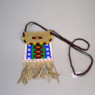 Striking Pouch- White & Tan deerskin. 6" x 5" body, with a 4" x 3" beaded panel on the front. 4.5" fringe along the bottom. One of a Kind.